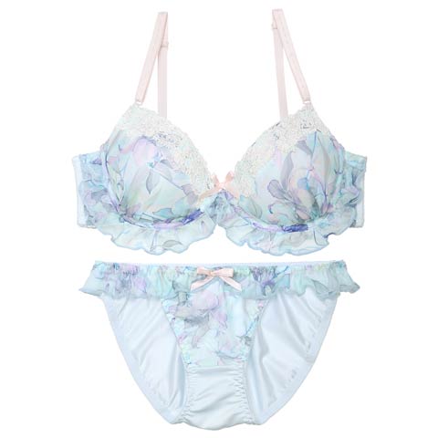 【EFサイズ】ケミカル水彩リリーフリルブラジャー&フルバックショーツ［大人気］(サックス-E70/ショーツM)