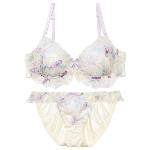 【EFサイズ】ケミカル水彩リリーフリルブラジャー&フルバックショーツ［大人気］(クリーム-E70/ショーツM)