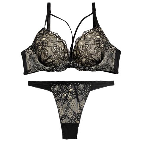 ヌーディーレースコードブラジャー&Tバックショーツ［激売れ］(ブラック-B65/ショーツM)