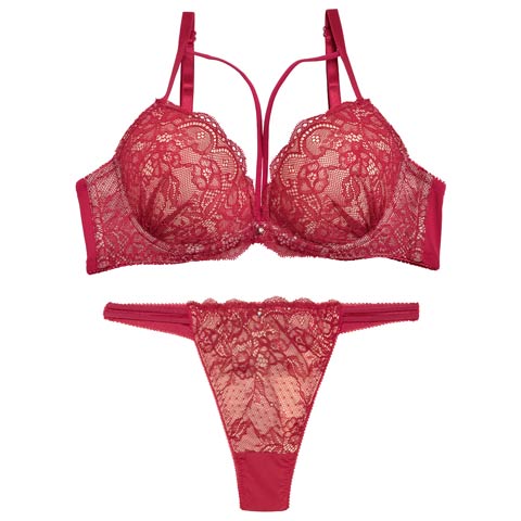 ヌーディーレースコードブラジャー&Tバックショーツ［激売れ］(レッド-B65/ショーツM)