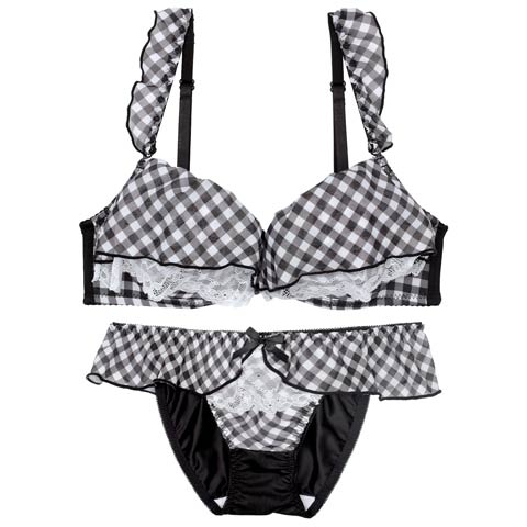 【ノンワイヤー】メルティギンガムフリルブラジャー&フルバックショーツ［激売れ］(ブラック-M)