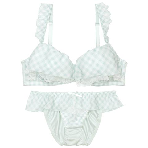 【ノンワイヤー】メルティギンガムフリルブラジャー&フルバックショーツ［激売れ］(ミント-M)