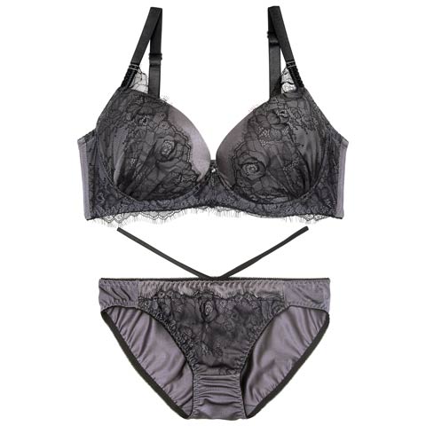 【EFサイズ】クラシックレーシーサテンブラジャー&フルバックショーツ［大人気］(ブラック-E70/ショーツM)