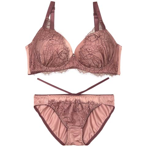 【EFサイズ】クラシックレーシーサテンブラジャー&フルバックショーツ［大人気］(ボルドー-E70/ショーツM)