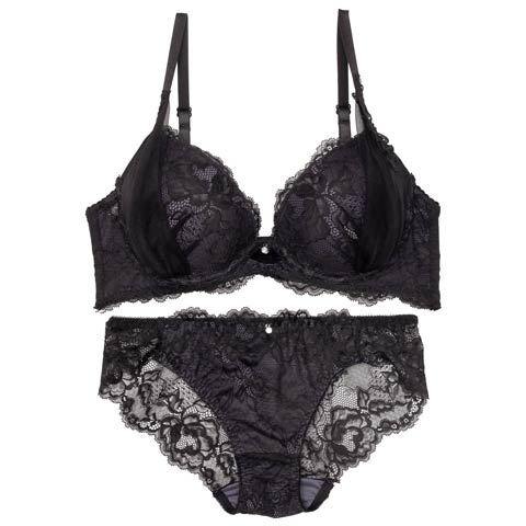 12/4再販!【かとゆり着用】シャルムチュールホールブラジャー&バック透けフルバックショーツ［激売れ］(ブラック-B65/ショーツM)