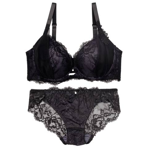 【かとゆり着用】【EFサイズ】シャルムチュールホールブラジャー&バック透けフルバックショーツ［大人気］(ブラック-E70/ショーツM)