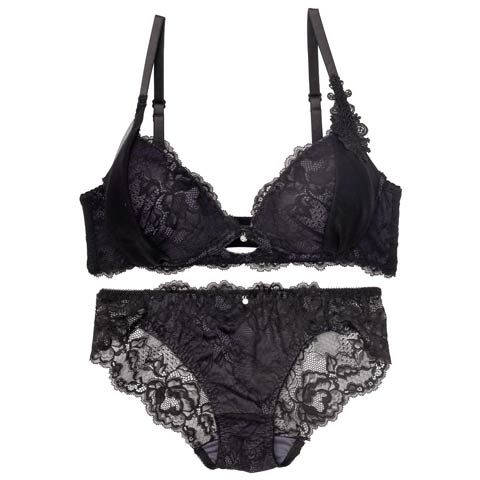 11/20再販!【かとゆり着用】【ノンワイヤー】シャルムチュールホールブラジャー&バック透けフルバックショーツ［激売れ］(ブラック-M)