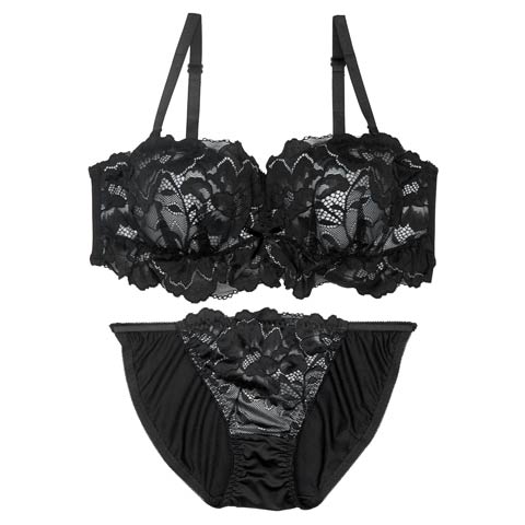 【EFサイズ】シュクレフリルレース育乳脇高ブラジャー&フルバックショーツ［大人気］(ブラック-E65/ショーツM)