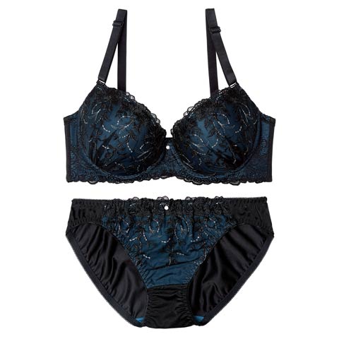 【EFサイズ】シャイニーダークブルームブラジャー&フルバックショーツ［大人気］(グリーン-E70/ショーツM)