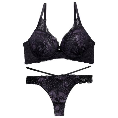 12/18再販!【EFサイズ】オールレースカットストリング育乳脇高ブラジャー&バック透けTバックショーツ［大人気］(ブラック-E70/ショーツM)
