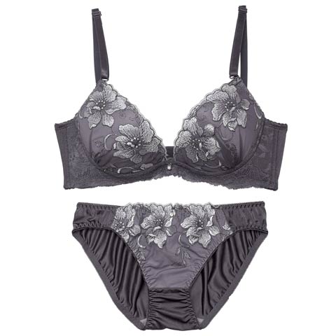 【EFサイズ】グレースリリーブルーム育乳脇高ブラジャー&フルバックショーツ［大人気］(グレー-E70/ショーツM)