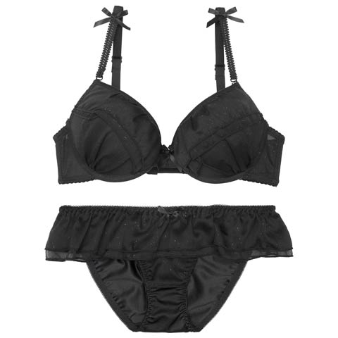 シャイニーシフォンフリルブラジャー&フルバックショーツ［激売れ］［週替］[スーパーセール](ブラック-A70/ショーツM)