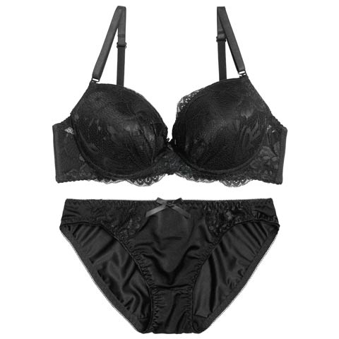 【EFサイズ】シャイニーレースボリュームパッドブラジャー&フルバックショーツ［大人気］(ブラック-E70/ショーツM)