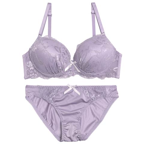 【EFサイズ】シャイニーレースボリュームパッドブラジャー&フルバックショーツ［大人気］(パープル-E70/ショーツM)