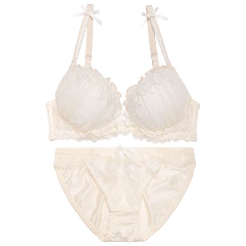 【ノンワイヤー】パピヨンケミカルレースブラジャー&フルバックショーツ［激売れ］(クリーム-M)