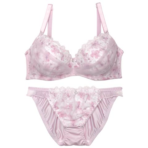 【EFサイズ】ブロッサムシフォンベールブラジャー&フルバックショーツ［大人気］(ピンク-E75/ショーツL)