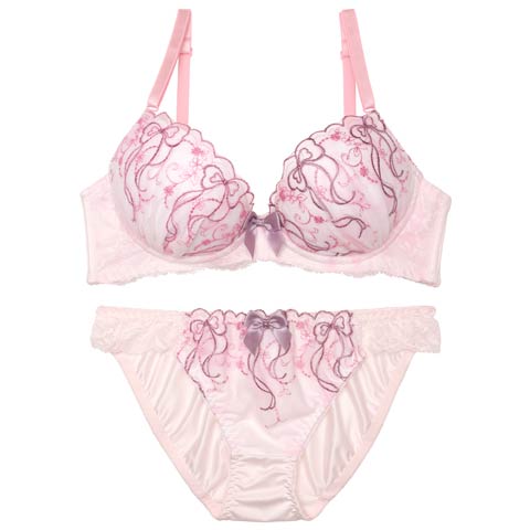 【EFサイズ】ピュアリボンエンブロイダリーブラジャー&フルバックショーツ［大人気］(ピンク-E75/ショーツL)