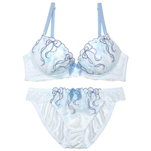 【EFサイズ】ピュアリボンエンブロイダリーブラジャー&フルバックショーツ［大人気］(サックス-E75/ショーツL)