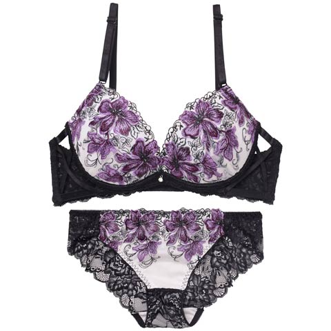 11/26再販!【三上悠亜着用】プレシャスフラワークロスブラジャー&バック透けフルバックショーツ［激売れ］(パープル-B65/ショーツM)