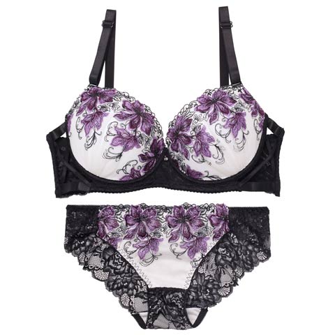 9/26新作!【三上悠亜着用】【EFサイズ】プレシャスフラワークロスブラジャー&バック透けフルバックショーツ［大人気］(パープル-E70/ショーツM)
