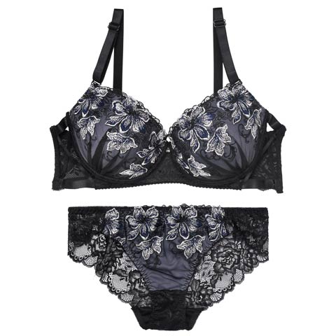 9/26新作!【三上悠亜着用】【EFサイズ】プレシャスフラワークロスブラジャー&バック透けフルバックショーツ［大人気］(ネイビー-E70/ショーツM)