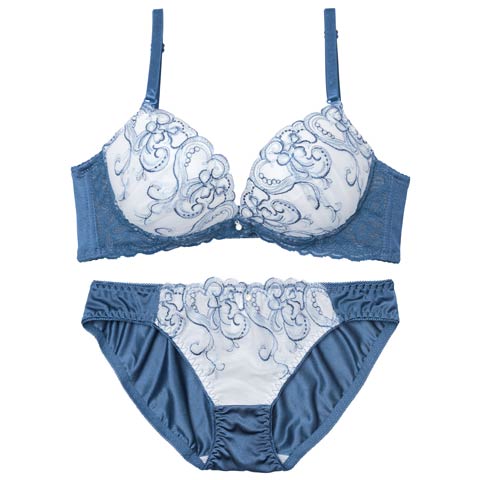 ニュアンスハートチュールレース育乳脇高ブラジャー&フルバックショーツ［激売れ］(ブルー-A70/ショーツM)