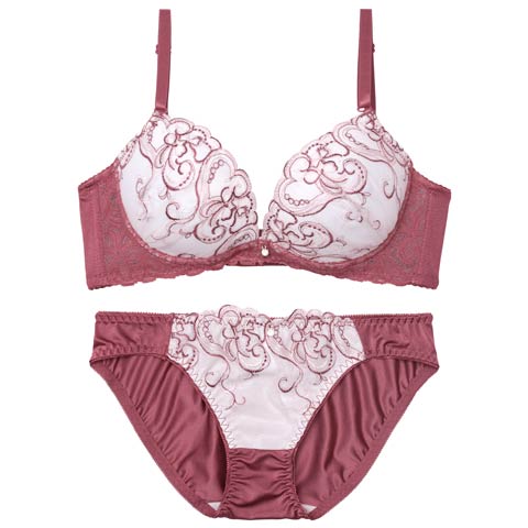 ニュアンスハートチュールレース育乳脇高ブラジャー&フルバックショーツ［激売れ］(ローズ-A70/ショーツM)