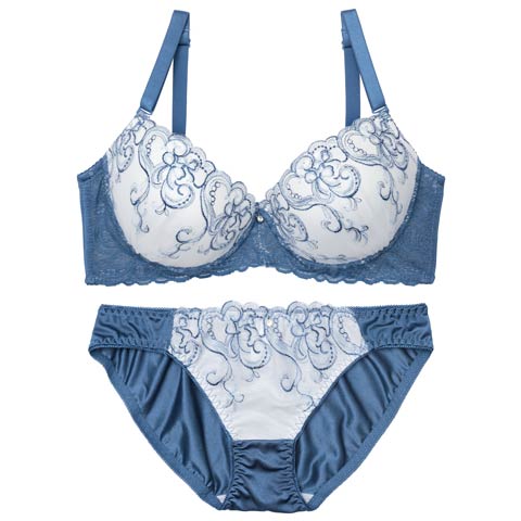 【EFサイズ】ニュアンスハートチュールレース育乳脇高ブラジャー&フルバックショーツ［大人気］(ブルー-E70/ショーツM)