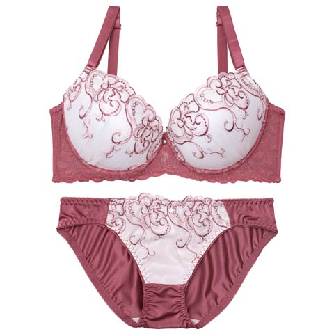 【EFサイズ】ニュアンスハートチュールレース育乳脇高ブラジャー&フルバックショーツ［大人気］(ローズ-E70/ショーツM)