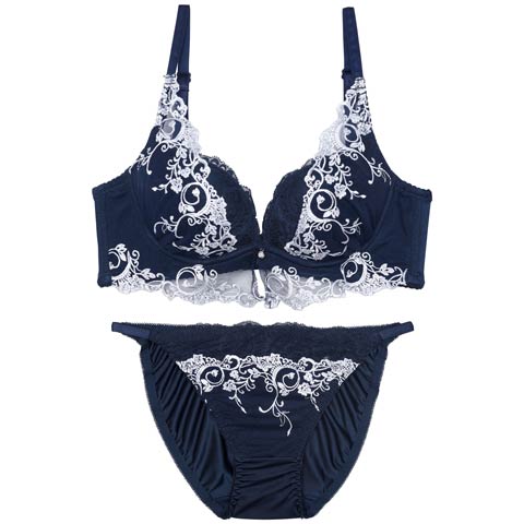 【ノンワイヤー】ミスティックアイビーカシュクール育乳脇高ブラジャー&フルバックショーツ［激売れ］(ネイビー-M)