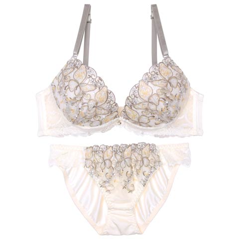 9/11再販!フェミニンリーフエンブロイダリーブラジャー&フルバックショーツ［激売れ］(クリーム-A70/ショーツM)