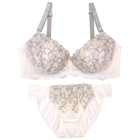 【EFサイズ】フェミニンリーフエンブロイダリーブラジャー&フルバックショーツ［大人気］(クリーム-E70/ショーツM)