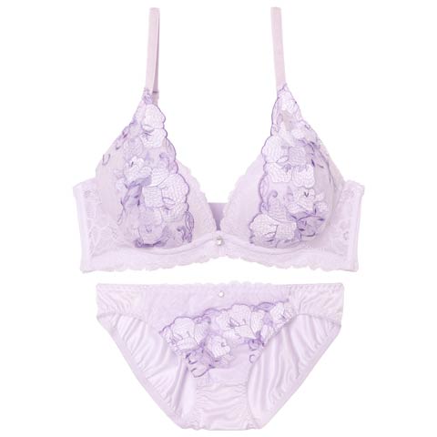 パステルレースブロッサム育乳脇高ブラジャー&フルバックショーツ［激売れ］(パープル-A70/ショーツM)