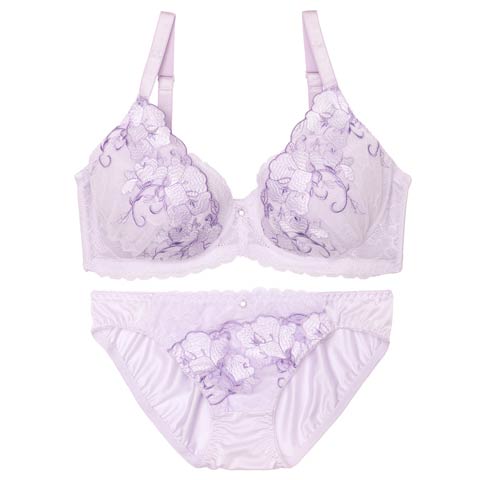 【EFサイズ】パステルレースブロッサム育乳脇高ブラジャー&フルバックショーツ［大人気］［週末セール］(パープル-E70/ショーツM)