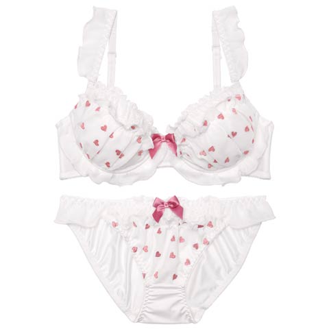 12/12再販!ミニョンハートフリルブラジャー&フルバックショーツ［激売れ］(ホワイト-A70/ショーツM)