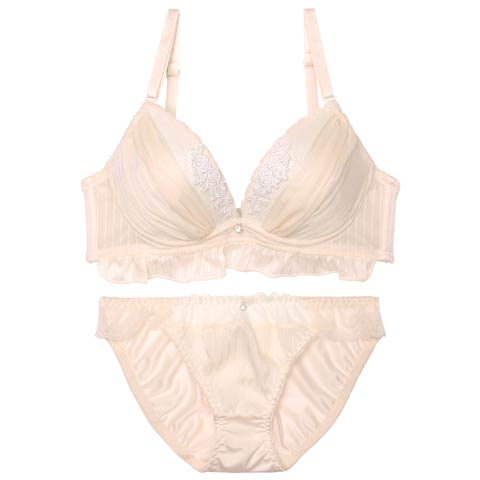 ストライプシフォンレース育乳脇高ブラジャー&フルバックショーツ［激売れ］(ピンク-A70/ショーツM)