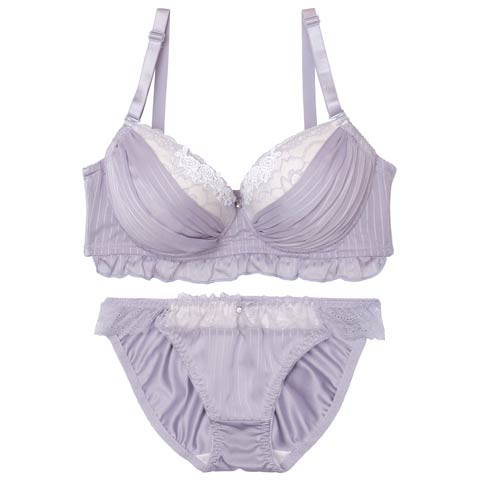【EFサイズ】ストライプシフォンレース育乳脇高ブラジャー&フルバックショーツ［大人気］(ブルーグレー-E70/ショーツM)