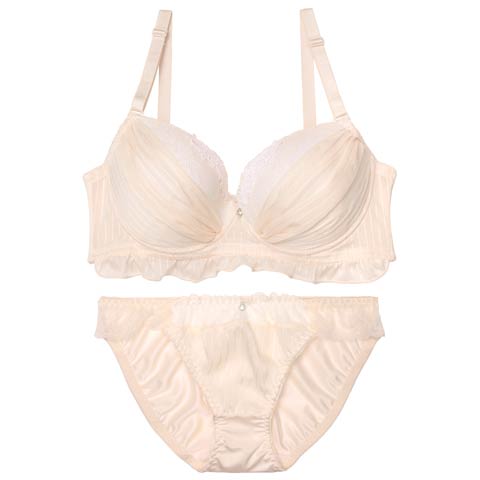 【EFサイズ】ストライプシフォンレース育乳脇高ブラジャー&フルバックショーツ［大人気］(ピンク-E70/ショーツM)