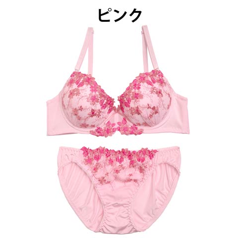 【EFサイズ】パステルチュールフラワー刺繍ブラジャー&フルバックショーツ(ピンク-E70/ショーツM)