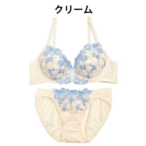 【EFサイズ】パステルチュールフラワー刺繍ブラジャー&フルバックショーツ(クリーム-E70/ショーツM)