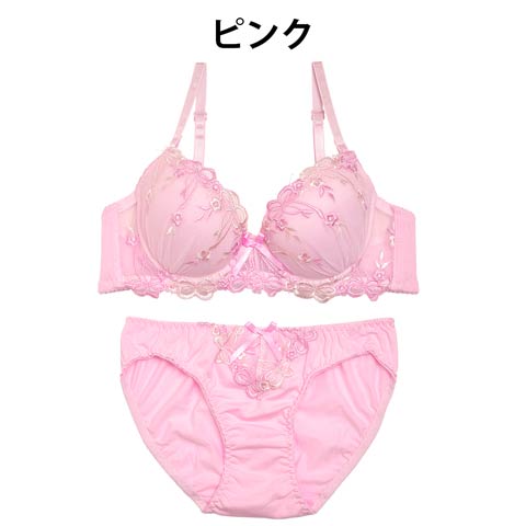 【EFサイズ】コットン素材リボン刺繍ブラジャー&フルバックショーツ/(ピンク-E70/ショーツM)