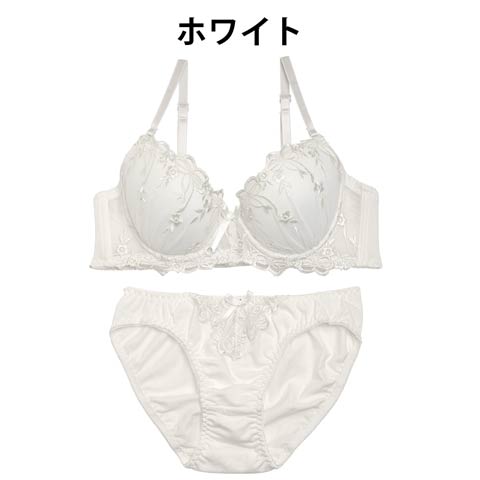【EFサイズ】コットン素材リボン刺繍ブラジャー&フルバックショーツ/(ホワイト-E70/ショーツM)