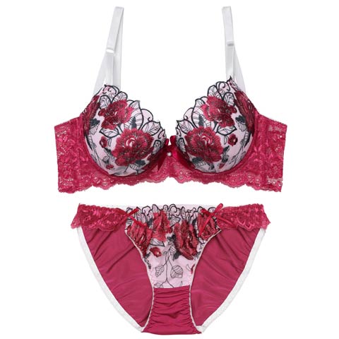 3/16再販!【三上悠亜着用】ゴージャスフラワーパール育乳脇高ブラジャー&フルバックショーツ［激売れ］(ローズピンク-A65/ショーツM)