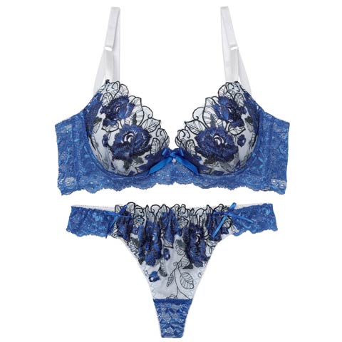 3/16再販!【三上悠亜着用】ゴージャスフラワーパール育乳脇高ブラジャー&バック透けTバックショーツ［激売れ］(ロイヤルブルー-A65/ショーツM)