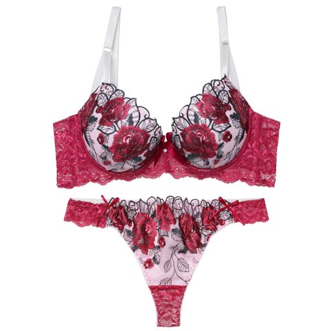 3/16再販!【三上悠亜着用】ゴージャスフラワーパール育乳脇高ブラジャー&バック透けTバックショーツ［激売れ］(ローズピンク-A65/ショーツM)