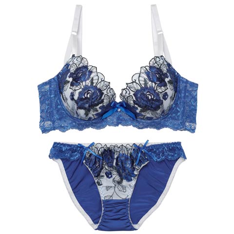 3/17再販!【三上悠亜着用】【EFサイズ】ゴージャスフラワーパール育乳脇高ブラジャー&フルバックショーツ［大人気］(ロイヤルブルー-E65/ショーツM)