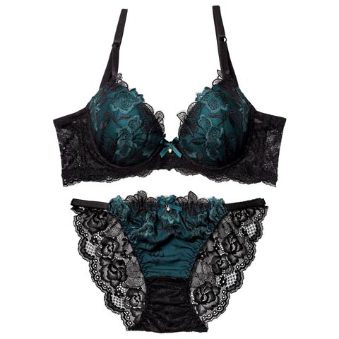 12/9再販ダスティブルームエンブロイダリー育乳脇高ブラジャー&バック透けフルバックショーツ［激売れ］(グリーン-A65/ショーツM)