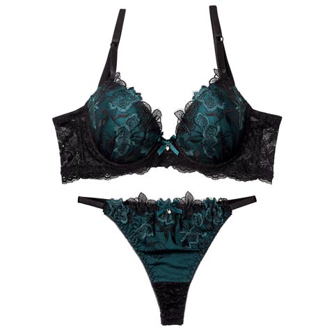 12/9再販!ダスティブルームエンブロイダリー育乳脇高ブラジャー&バック透けTバックショーツ［激売れ］(グリーン-A65/ショーツM)
