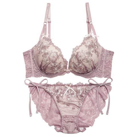 ダスティジュエルフラワー育乳脇高ブラジャー&サイド紐バック透けフルバックショーツ