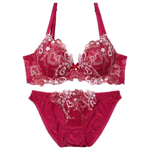 4/16再販!【EFサイズ】スイートロマンティックハート育乳脇高ブラジャー&フルバックショーツ［大人気］(ワインレッド-E70/ショーツM)